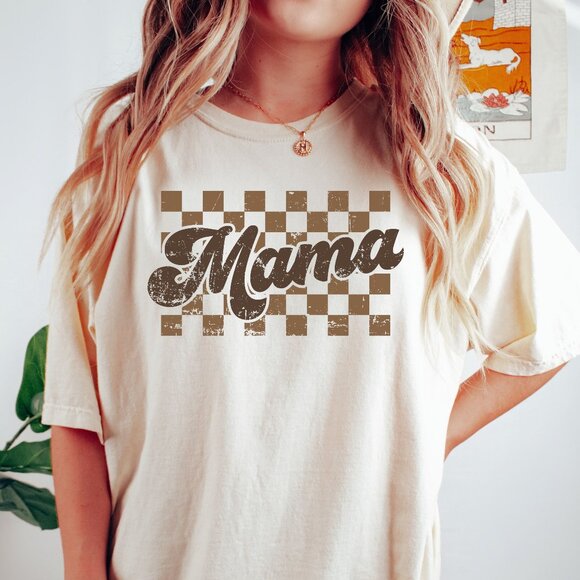 NEW Trendy Comfort Colors Soft Cotton Retro Checkered Mama Graphic Tee Shirt - Picture 1 of 4